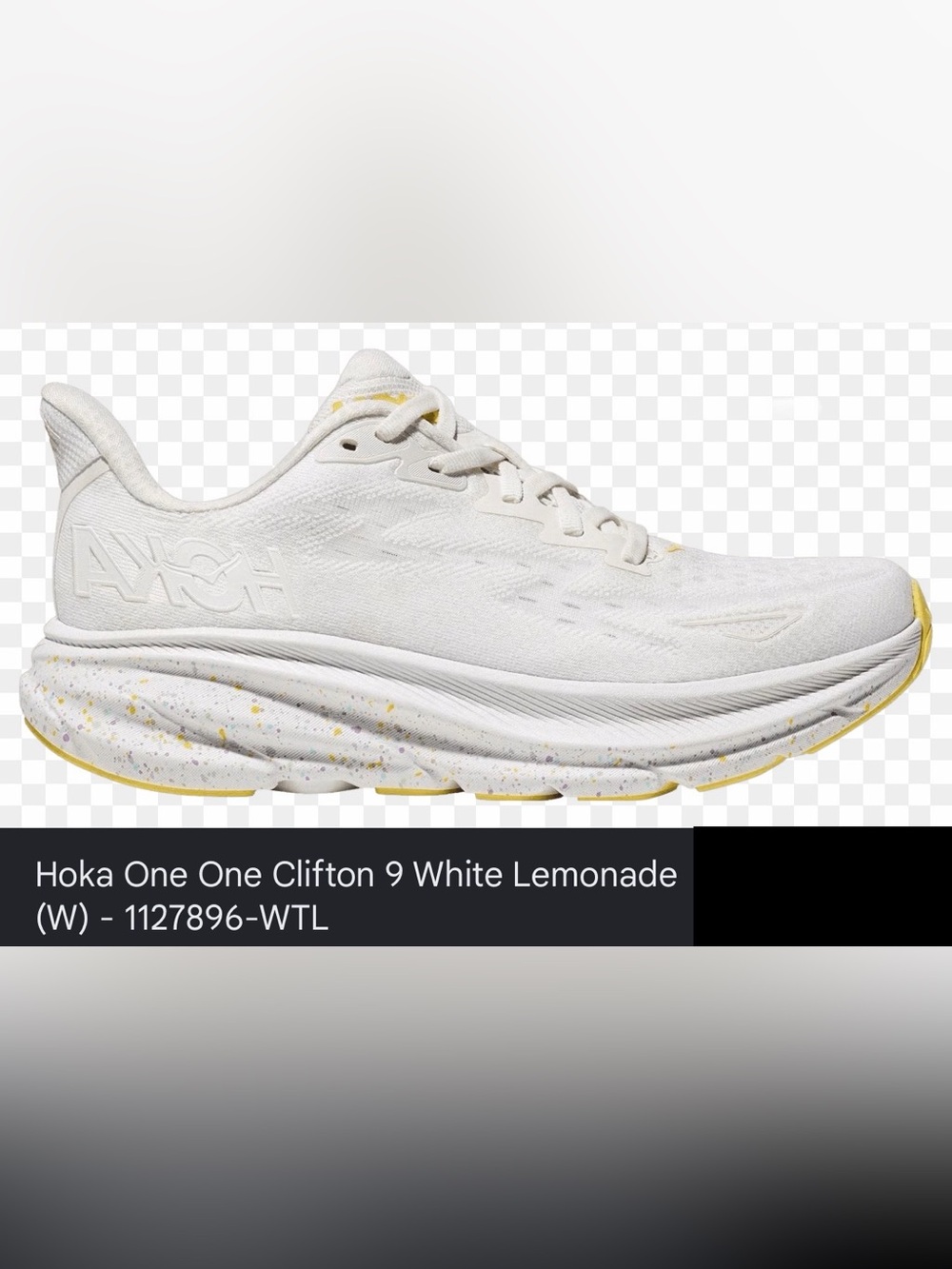 Hoka W Clifton 9 Women's WTL Running Shoe - White/Lemon Yellow Speckle, 10B NWT